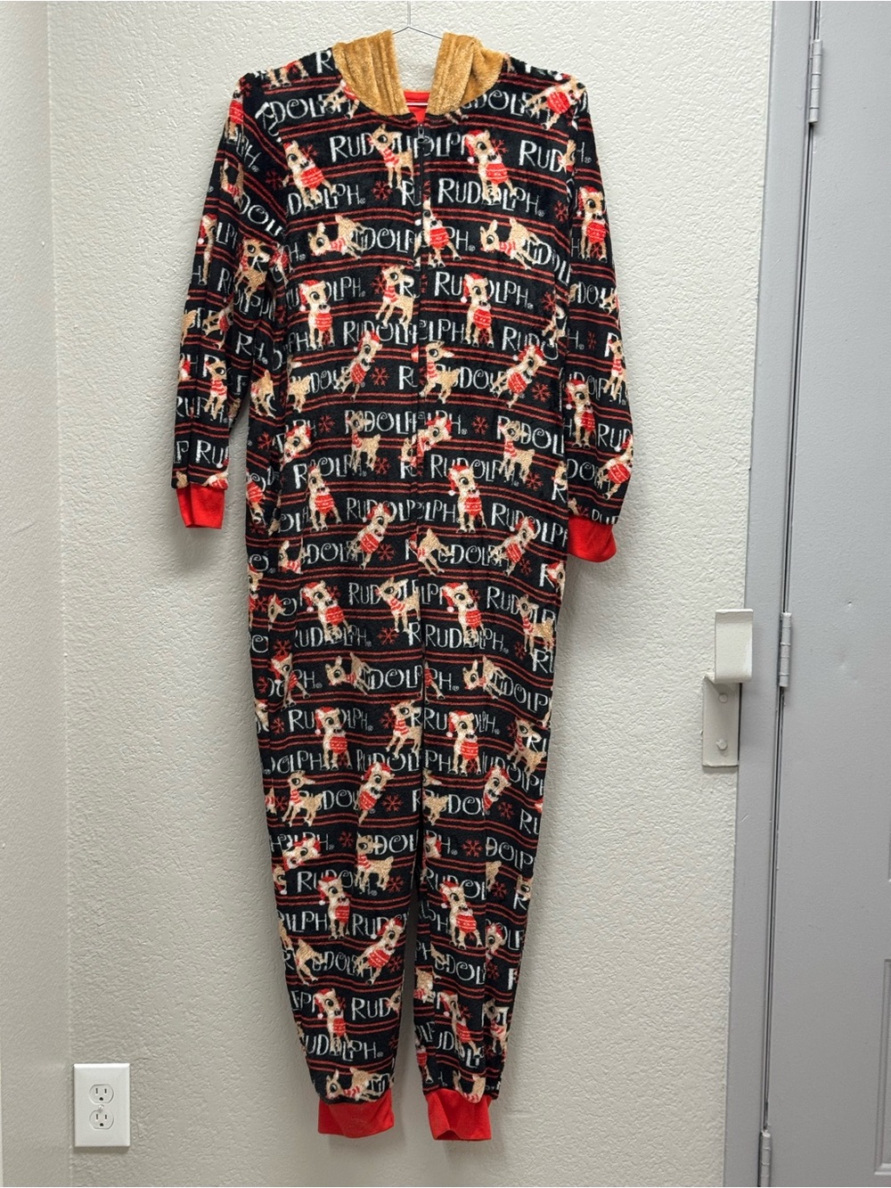 Womans L Holiday Rudolph One-Piece Hoodie Pajamas - Black & Red pit 23”